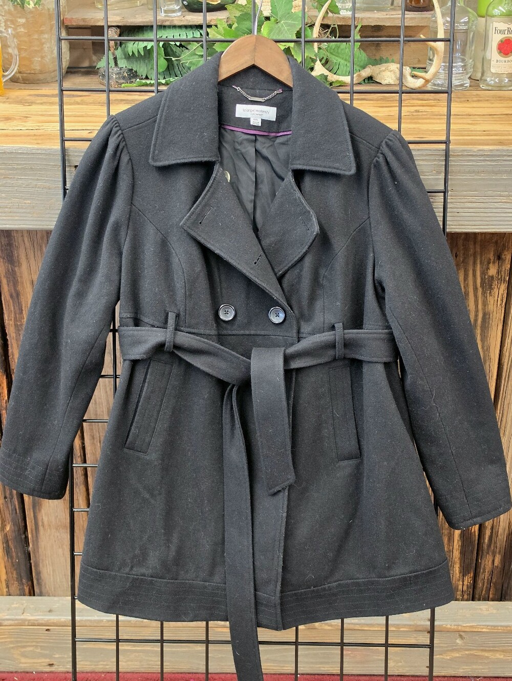 Liz Lange Maternity Black Wool Blend Double-Breasted Belted Peacoat Pockets XXL